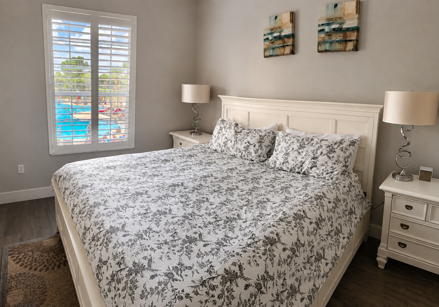 Primary bedroom with a direct view of the Windsor Hills resort pool