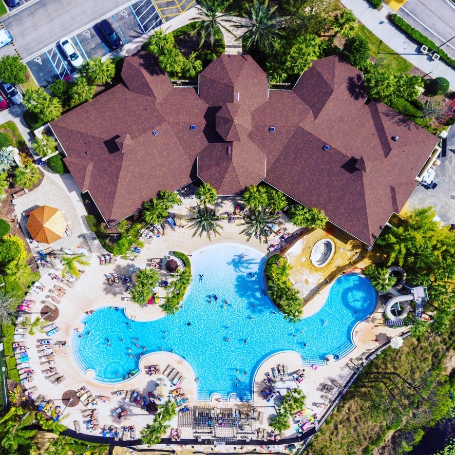 Overhead aerial view of the Windsor Hills lagoon-style pool and clubhouse